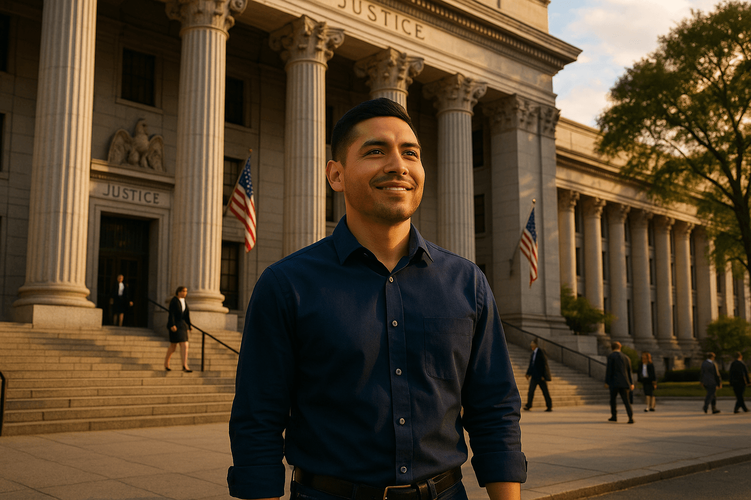 Dramatic courthouse with justice scales